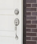 Brass Entry Door Handle Set In Satin Nickel Finish With Two Way Latch And Left Or Right Hand Fit Five Pin Security ANSI Grade 3