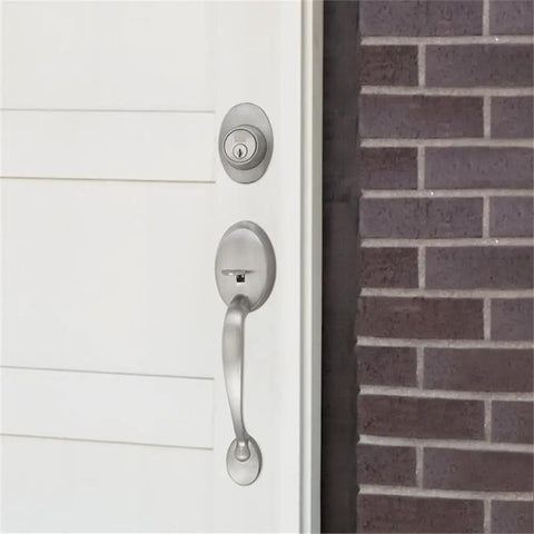 Brass Entry Door Handle Set In Satin Nickel Finish With Two Way Latch And Left Or Right Hand Fit Five Pin Security ANSI Grade 3