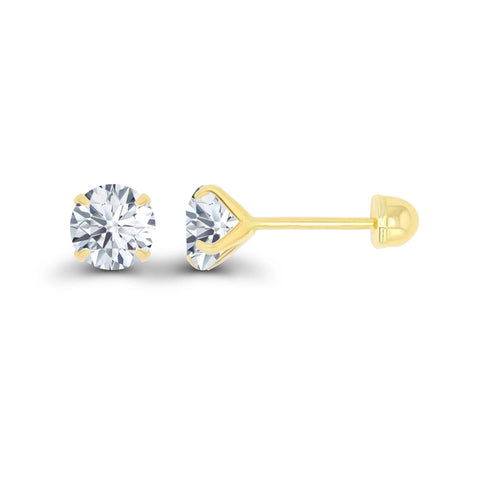Solid 14K Yellow Gold Hypoallergenic 4mm Round Cubic Zirconia Solitaire Stud Earrings With Secure Ball Screw Backs For Women, Everyday Shine, All Day Comfort, Premium Sparkle And Timeless Style.
