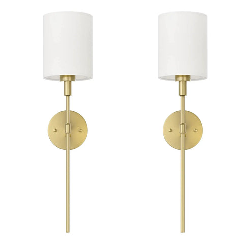 Brass Wall Sconce Set Of 2 With White Fabric Shades Sleek Modern Vanity Lights For Bathroom Bedroom Hallway Kitchen Anti Rust Gold Finish Wall Mount Fixtures Bulbs Not Included