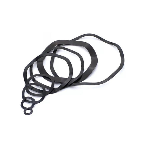 Three Wave Crest Wave Type Gasket Set, 50Pcs Spring Washers for M3 to M30 Bolts, Carbon Steel, M4x7x0.25mm Size, Durable Hardware Fasteners for Screws and Bolts, DIY Friendly, Industrial Grade, black wave washers arranged on white background