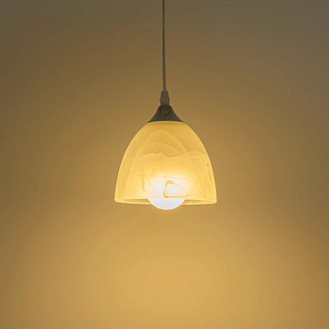 Single pendant with frosted white glass illuminating warm light, part of Three-Light H-Type Track Lighting Kit, Dimmable Track Mount Pendant Fixtures With Frosted White Glass Shade, Easy Install, Compatible With 3-Wire Track Systems And Most LED Dimmers, Modern Industrial Style.