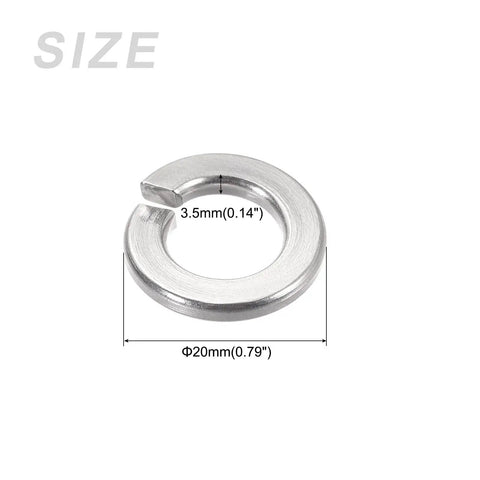 7/16 Inch Split Lock Washer 304 Stainless Steel, size 20mm OD x 3.5mm thick, durable spring lock gasket washer for various projects.