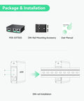 Heavy Duty 2 Port Gigabit PoE Extender package with DIN-rail mounting and user manual display.