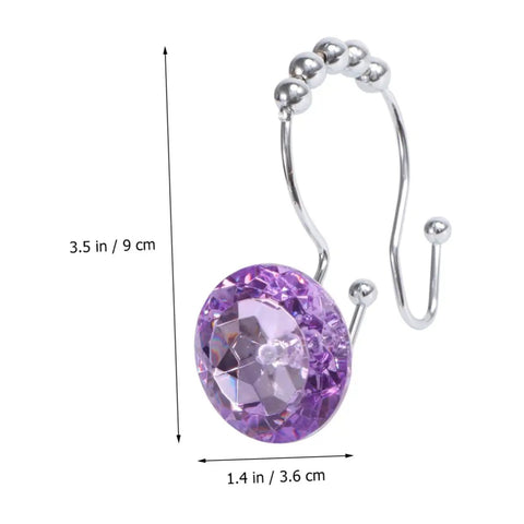 Double Hooks Glide Shower Curtain Rings No Fuss Rust Resistant Stainless Steel Purple Decorative Design For Easy Hanging Of Shower Curtains And Liners In Your Modern Bathroom, close-up view with dimensions