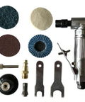 Rough And Ready One Quarter Inch Pneumatic Air Angle Die Grinder Tool Set With 90 Degree Swivel Head components and accessories arrangement