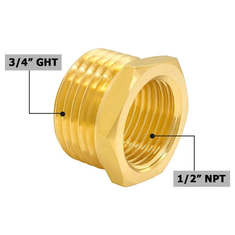 Brass garden hose adapter close-up with 1/2 in NPT female thread and 3/4 in GHT male thread