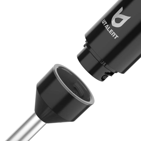 Close-up of Total Game Changer Cordless Hand Blender With Whisk showing stainless steel blending rod and black attachment.