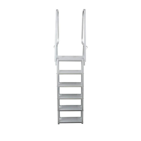 Deluxe Flip Up Dock Ladder 6 Step For Boats And Piers Marine Grade Aluminum With Stainless Hardware Folds Upright To Prevent Damage And Debris Wide Top And Steps For Easy Climbing, front view