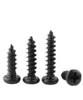 Black Carbon Steel Self Tapping Wood And Glasses Screws Set with round pan heads and Phillips drive, sizes M1 to M4 displayed