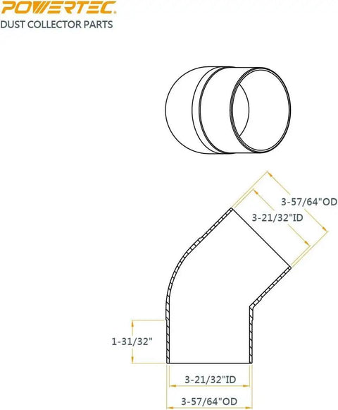Diagram of 4 Inch 45 Degree ABS Dust Collector Elbow Connector detailing dimensions for 4 Inch ID hoses and tool ports.