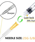 3Cc Lab Syringes With 25 Gauge 5/8 Inch Needle Sterile Individually Sealed Packs For Fluid Dispensing showing needle tip and luer lock