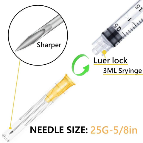 3Cc Lab Syringes With 25 Gauge 5/8 Inch Needle Sterile Individually Sealed Packs For Fluid Dispensing showing needle tip and luer lock