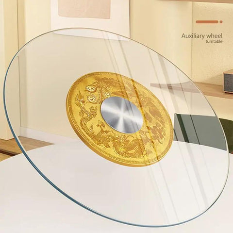 Huge 43 Inch Tempered Glass Lazy Susan Turntable For Dining Tables Smooth As Butter 360 Spin Clear Serving Tray on table