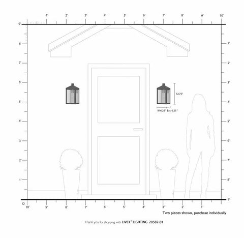 Diagram showing Nyack 1 Light Outdoor Wall Lantern Bronze Finish Model 20582 07 installed beside a front door, two pieces displayed.