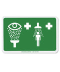 Universal Emergency Shower And Eyewash Safety Sign With Secure Ties For Industrial Sites, green sign with icons for eyewash and shower.