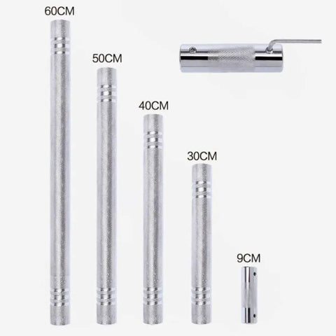 Home Gym Dumbbell To Barbell Connector with Ultra Precision Thread in solid steel, multiple sizes shown, 60cm to 9cm