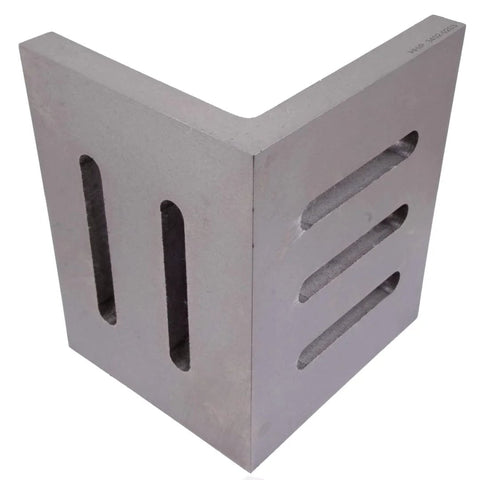 HHIP slotted angle plate, opened; 6x5x4-1/2 in, metal, with two vertical slots on one leg and three elongated slots on the other.
