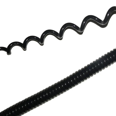 Heavy Duty Six Core Coiled Extension Cord With Spiral Spring Retraction For Mobile Equipment And Fixed Setups Tangle Free Stretch Cable showing coiled design.