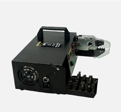Professional EM-6B1 Electric Terminal Crimping Machine Tool With Exchangeable Die Set For 110V Power Cabinets, rear view showing handle and connectors.