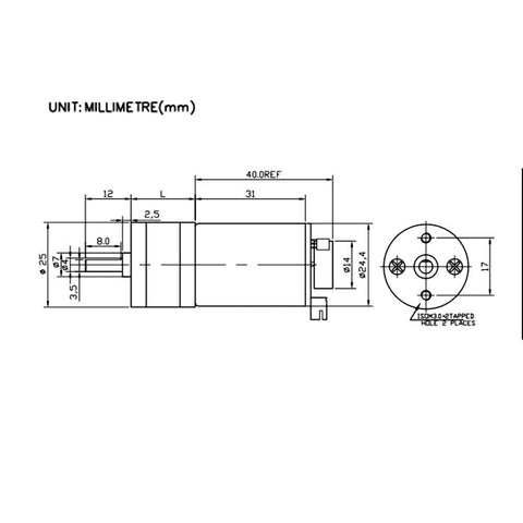 Technical drawing of High Torque DC Gear Motor With Speed Encoder For Precise Control, 42.4mm diameter dimensions