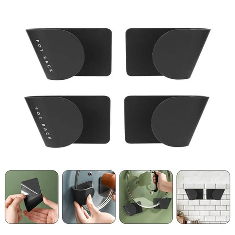 Wall Mounted Pot Lid Rack Black ABS Kitchen Organizer With Easy Installation shown in various uses and angles