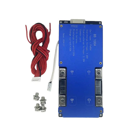 Bulletproof Eight Series 24V BMS Forged For LifePO4 Setups delivering 100A discharge with wires and screws for easy installation.