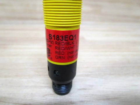 Boss Level Photoelectric Sensor 20 To 250 V AC Power For Industrial Automation Easy Mounting Rock Solid Object Detection S183EQ1 Model D234566 Great For Conveyors And Packaging Lines, yellow threaded sensor close-up