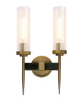 Two-Light Gold Brass Wall Sconces With 2.8 Inch Cylindrical Clear Glass Shades, Dimmable, E26 Base Compatible, 110-120V, Ideal For Living Room, Bedroom, Hallway, Bathroom And Mirror Lighting