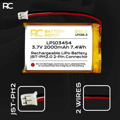 3.7V 2000mAh LiPo Battery Pack With Positive Polarity JST-PH2.0 2-Pin Connector displayed on a black background