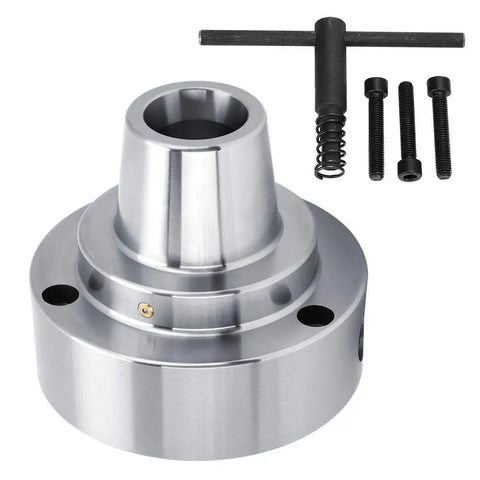 Heavy Duty 5C Collet Chuck For Lathe Machines With 0.0006 TIR Precision Accuracy And Durable Machined Construction showing a shiny machined part and accessories.