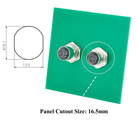 D Code M12 4 Pin Bulkhead Connector Beefy Shielded IP67 Female To Female Panel Mount Pack Of Two shown with panel cutout size