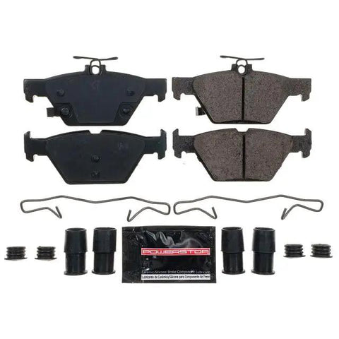 Rear Brake Pads For Subaru Ascent 2019 2024, WRX 2016 2024, Forester 2019 2025, Outback 2015 2024, Legacy 2015 2024 With Z23 Carbon Fiber Ceramic Brake Pads And Installation Hardware Direct Fit Upgrade; front view of brake pads with hardware kit.