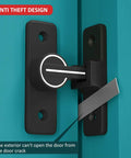 Close-up of 90 Degree Heavy Duty Barn Door Latch Lock for Cabinets Sliding Doors and Barn Doors in matte black finish, installed.