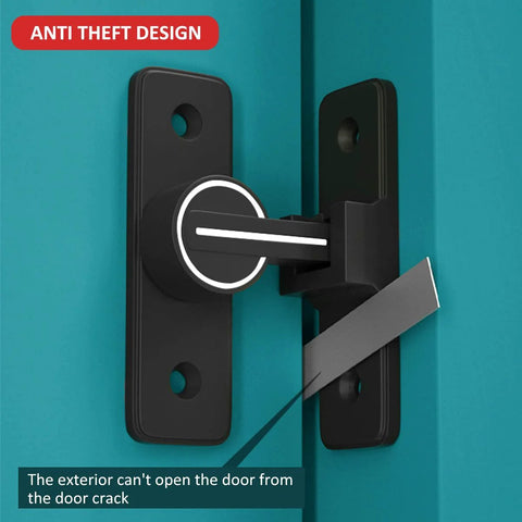 Close-up of 90 Degree Heavy Duty Barn Door Latch Lock for Cabinets Sliding Doors and Barn Doors in matte black finish, installed.
