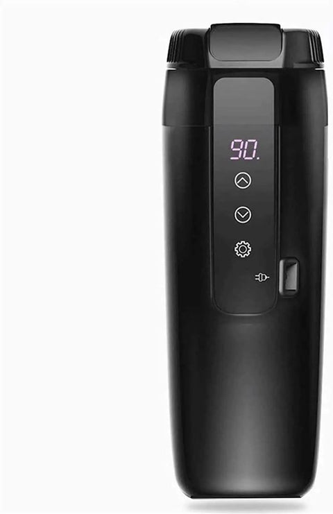 Leak Proof Electric Heated Travel Coffee Mug With Temp Control Fits Car Cup Holder showing digital display and control buttons.