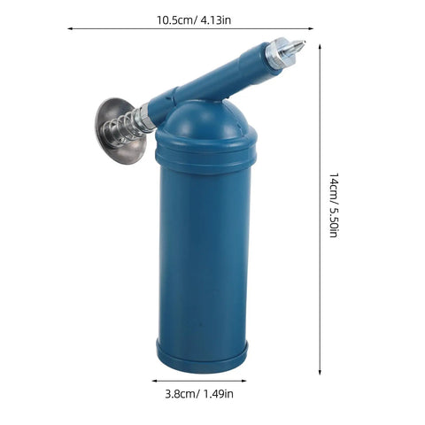 Mini Manual Grease Gun 80cc with precision locking nozzle, sky blue body, measurements shown, compact and portable.