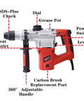 Beast Mode Heavy Duty 1 Inch SDS Plus Rotary Hammer Drill Kit with annotations showing features and parts.