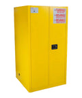 Heavy Duty 60 Gallon Flammable Safety Cabinet With Automatic Door, yellow steel storage unit for combustible liquids.