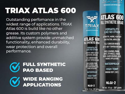 Atlas 600 Grease Full Synthetic Ultra Heavy Duty Lubricant For Low Temp Marine Use Waterproof Built Tough For All Bearings Joints Drive Train And 5th Wheel 14 Oz Tube Pack Of 2 shown with text highlighting its versatility and performance features.