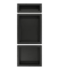 Triple Shower Niche Organizer In Black With Three Shelves Recessed Tileable Surface Ready To Tile 16 Inch Width 40 Inch Height 4 Inch Depth Install Vertically Or Horizontally For All In One Shower Storage, showing black recessed unit with shelves