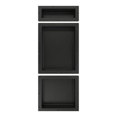 Triple Shower Niche Organizer In Black With Three Shelves Recessed Tileable Surface Ready To Tile 16 Inch Width 40 Inch Height 4 Inch Depth Install Vertically Or Horizontally For All In One Shower Storage, showing black recessed unit with shelves