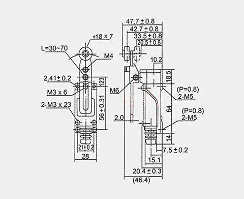 Technical drawing of 3 Pack ME-8108 Momentary Roller Lever Limit Switch for CNC mills, lasers, and plasma cutters with detailed dimensions.