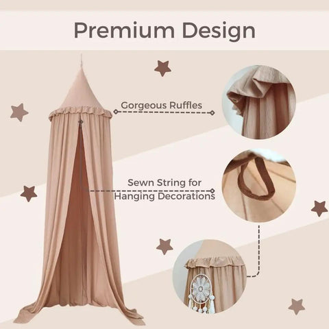 Kids Bed Canopy With Ruffles In Pastel Nougat, Frilled Cotton Tent Mosquito Netting For Nursery, Baby Crib Hanging Curtain