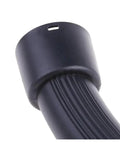 Close-up of 32mm plastic bent end curved filter nozzle spare part for vacuum cleaner hose handle, black plastic detail