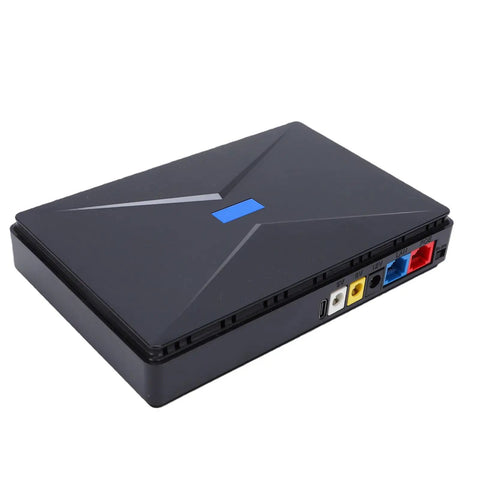 No Sweat Keeping Ya Online With This Solid Mini Ups Battery Backup Featuring 8800 Mah, compact black design with various ports on the side.