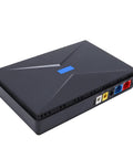 Rock Solid Mini UPS Battery Backup With 8800mAh Capacity showing back view with ports, sleek black design for dependable power supply.