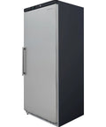 Top Shelf Commercial Workhorse Refrigerator With Heavy Duty Stainless Exterior And No Sweat Temperature Control For Busy Cafes Restaurants And Catering Services, side view.