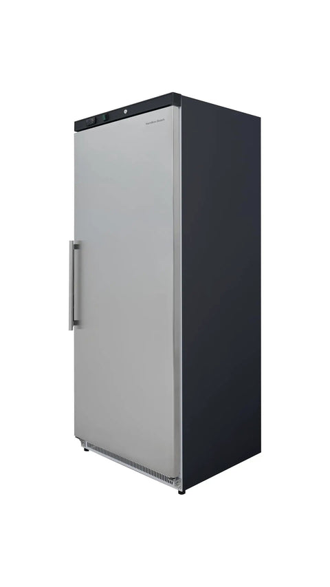 Top Shelf Commercial Workhorse Refrigerator With Heavy Duty Stainless Exterior And No Sweat Temperature Control For Busy Cafes Restaurants And Catering Services, side view.