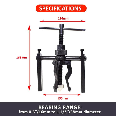 Beefy Three Jaw Inner Bearing Puller Set With Jaw Pilot Bearing Puller Bushing Gear Extractor, dimensions shown